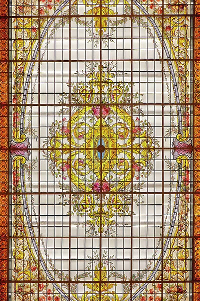 Detail of a stained-glass vitreaux on the roof of the 'Cafe Tortoni' Notable Bar, Monserrat, Buenos Aires, Argentina