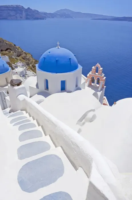 Framed Print : Staircase leading to blue domed church overlooking ocean, Oia, Santorini, Cyclades Framed Print : Staircase leading to blue domed church overlooking ocean, Oia, Santorini, Cyclades