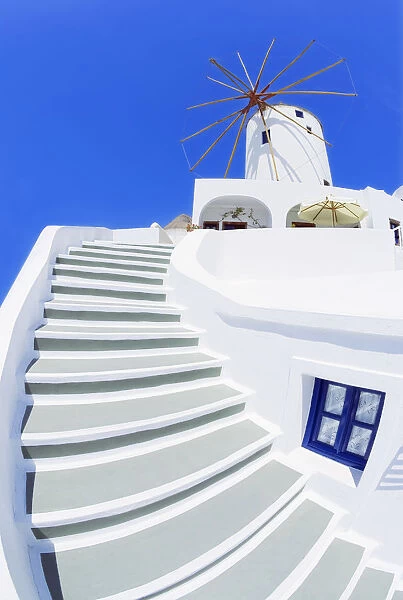 Staircase leading to traditional windmill, Oia, Santorini, Cyclades Islands, Greece