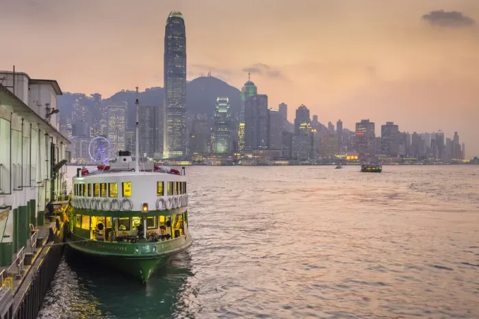 Framed Print : Star Ferry Pier and Hong Kong skyline at dusk, Tsim Sha Tsui, Kowloon, Hong Kong, China Framed Print : Star Ferry Pier and Hong Kong skyline at dusk, Tsim Sha Tsui, Kowloon, Hong Kong, China
