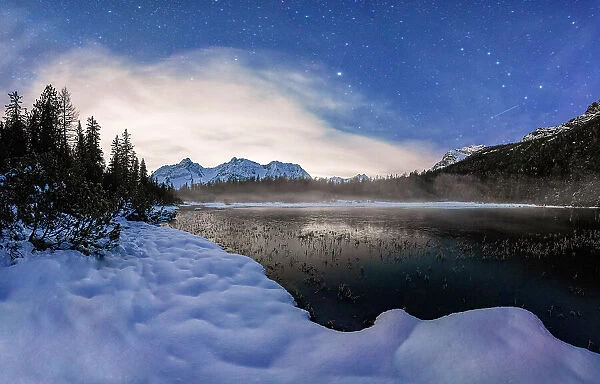 Stars over the frozen lake Entova and snowy forest at night, Valmalenco, Valtellina, Sondrio province, Lombardy, Italy