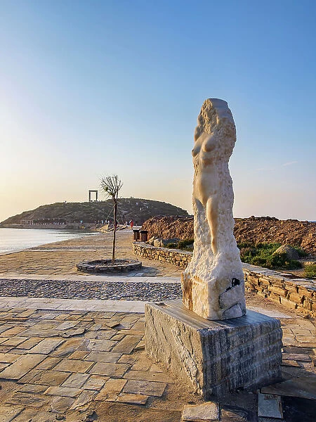 Statue of Aphrodite and Temple of Apollo at sunset, Chora, Naxos City, Naxos Island, Cyclades, Greece