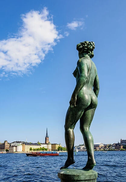 Statue in the City Hall Garden with Riddarholmen Islet in the background, Stockholm, Stockholm County, Sweden