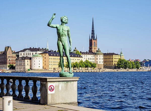 Statue in the City Hall Garden with Riddarholmen Islet in the background, Stockholm, Stockholm County, Sweden