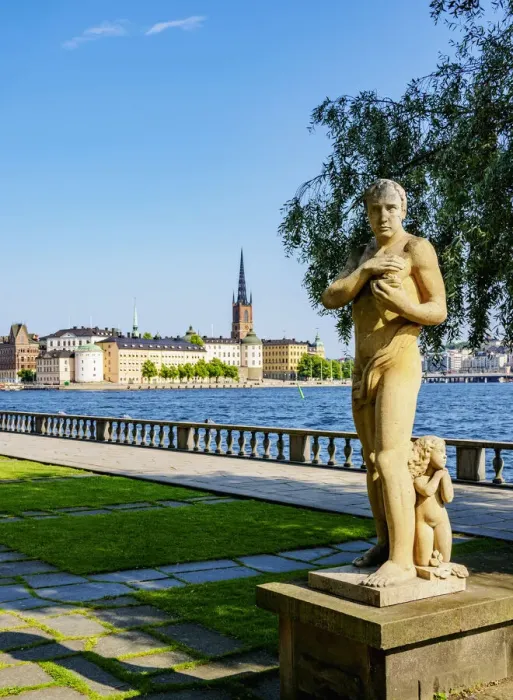 Framed Print : Statue in the City Hall Garden with Riddarholmen Islet in the background, Stockholm, Stockholm County, Sweden Framed Print : Statue in the City Hall Garden with Riddarholmen Islet in the background, Stockholm, Stockholm County, Sweden