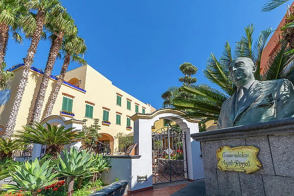 Statue of Commander Angelo Rizzoli and the La Reginella Hotel at Lacco Ameno, Ischia, Campania, Italy