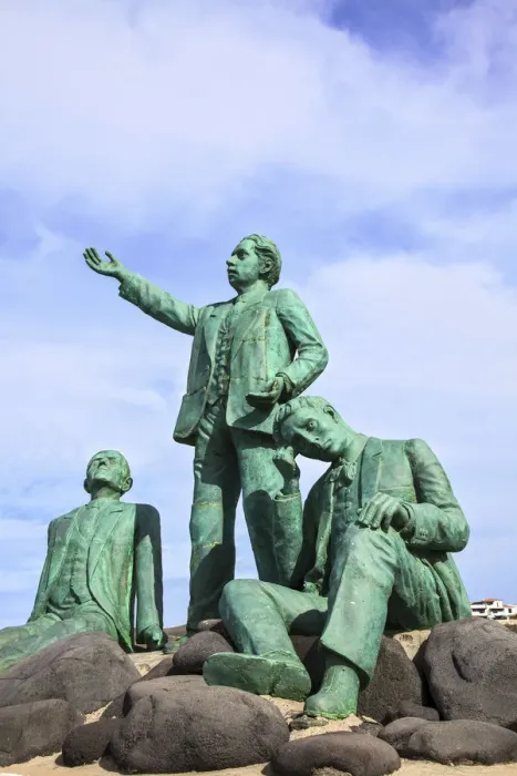 Framed Print : Statue of Three Famous Canarian Poets in Puerto de las Nieves Fishing Village, Gran Framed Print : Statue of Three Famous Canarian Poets in Puerto de las Nieves Fishing Village, Gran