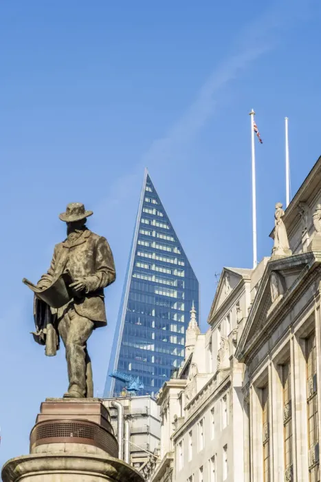 Framed Print : Statue of James Henry Greathead and the Scalpel Building, City of London, London, England Framed Print : Statue of James Henry Greathead and the Scalpel Building, City of London, London, England