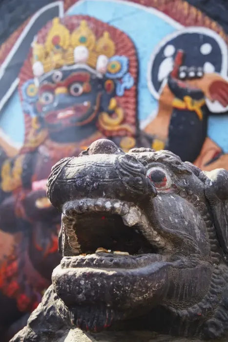 Framed Print : Statue and Kala Bhairab, Durbar Square (UNESCO World Heritage Site), Kathmandu, Nepal