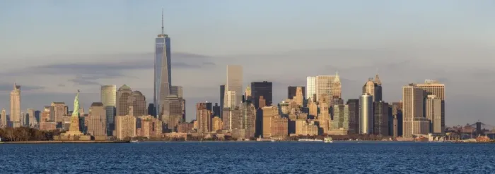 Framed Print : Statue of Liberty, One World Trade Center and Downtown Manhattan across the Hudson River