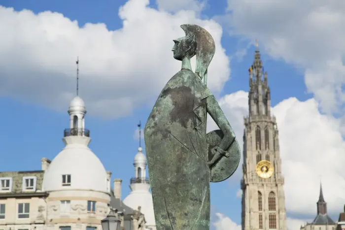 Framed Print : Statue and Onze-Lieve -Vrouwe Cathedral, Antwerp, Flanders, Belgium Framed Print : Statue and Onze-Lieve -Vrouwe Cathedral, Antwerp, Flanders, Belgium