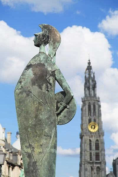 Statue and Onze-Lieve -Vrouwe Cathedral, Antwerp, Flanders, Belgium