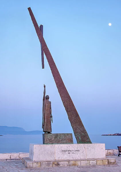 Statue of Pythagoras at dusk, Port of Pythagoreio, Samos Island, North Aegean, Greece