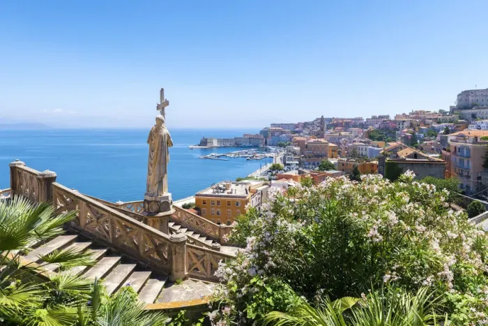 Framed Print : Statue of St. Francis and view of Gaeta. Europe, Italy, Lazio, Gaeta Framed Print : Statue of St. Francis and view of Gaeta. Europe, Italy, Lazio, Gaeta