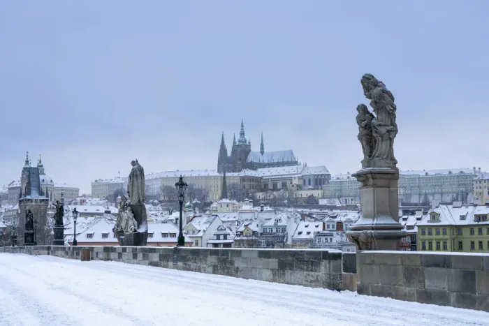 Framed Print : Statues at snow-covered Charles bridge and Prague Castle in winter, Prague, Bohemia Framed Print : Statues at snow-covered Charles bridge and Prague Castle in winter, Prague, Bohemia