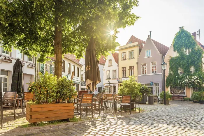 Framed Print : Stavendamm Square in the historic Schnoor district at sunrise, Bremen, Germany Framed Print : Stavendamm Square in the historic Schnoor district at sunrise, Bremen, Germany