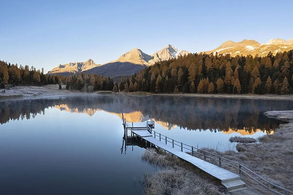 Staz Lake near St. Moritz at dawn. Lej da Staz, St. Moritz, Graubunden, Engadine, Switzerland