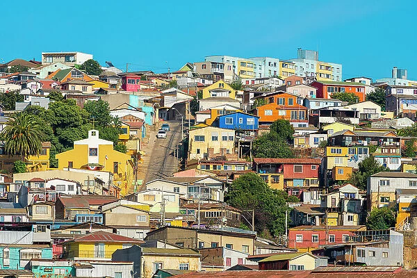 Steep street amongst colorful houses of Valparaiso in Playa Ancha, Valparaiso, Valparaiso Province, Valparaiso Region, Chile