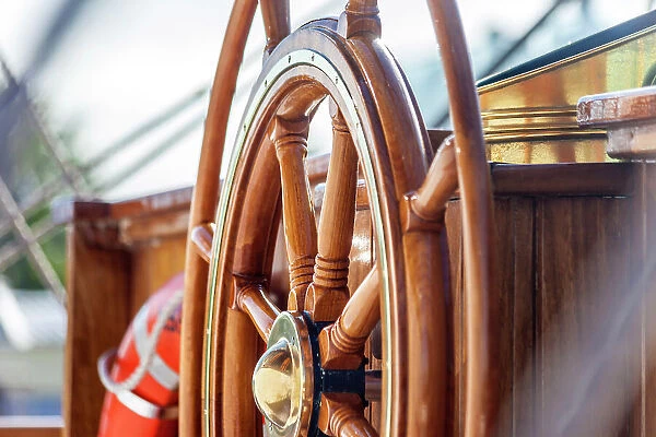 Steering wheel of a windjammer in the Bodden harbour of Zingst, Mecklenburg-Western Pomerania, Baltic Sea, Northern Germany, Germany