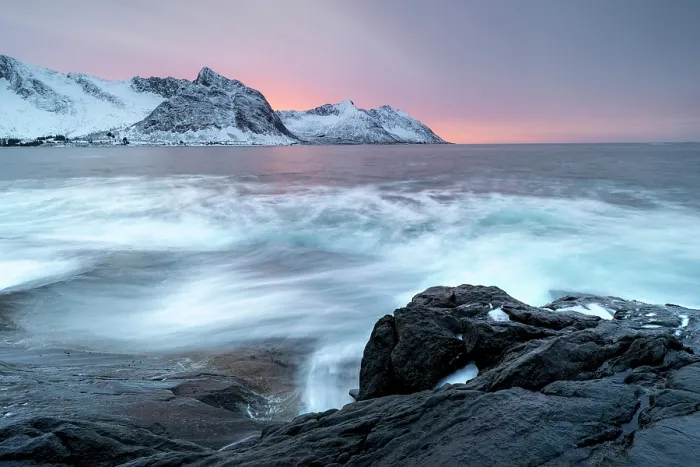 Framed Print : Steinfjord and snow-covered mountains at sunset in winter, from Tungeneset, Senja Island, Norway