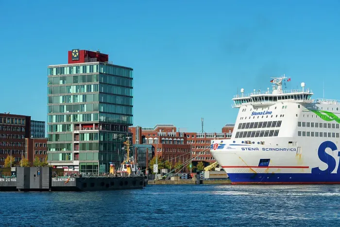 Framed Print : Stena Line dock and Port of Kiel administrative building, Kiel harbor, Kiel, Schleswig-Holstein, Germany