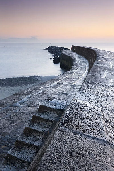 Steps leading onto the Cobb harbour wall at Lyme Regis on the Jurassic Coast, Dorset, England. Winter (December) 2010