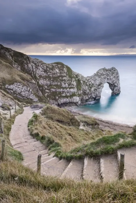 Framed Print : Steps leading down to Durdle Door on the Jurassic Coast, Dorset, England. Autumn Framed Print : Steps leading down to Durdle Door on the Jurassic Coast, Dorset, England. Autumn