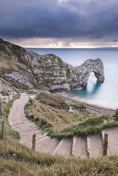 Steps leading down to Durdle Door on the Jurassic Coast, Dorset, England. Autumn