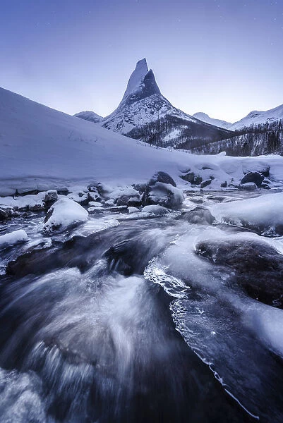 Stetind (Norways national mountain) at twilight in winter, Norway