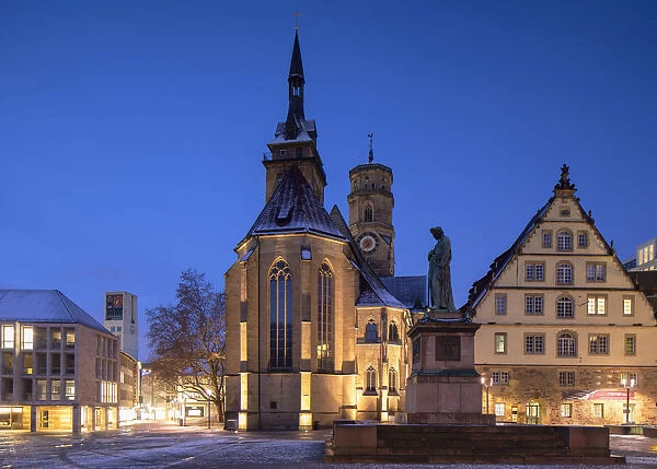 Stiftskirche in Schillerplatz at dawn, Stuttgart, Baden-WAorttemberg, Germany
