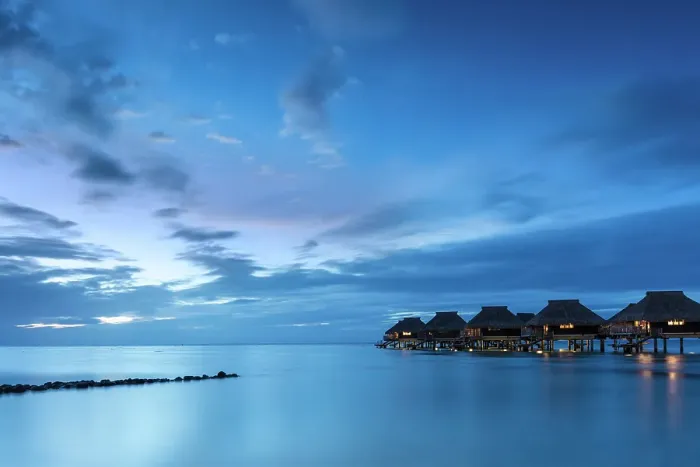 Framed Print : Stiled hotel suites at twilight, , Mo'orea, Society Islands, Pacific Ocean, French Polynesia Framed Print : Stiled hotel suites at twilight, , Mo'orea, Society Islands, Pacific Ocean, French Polynesia