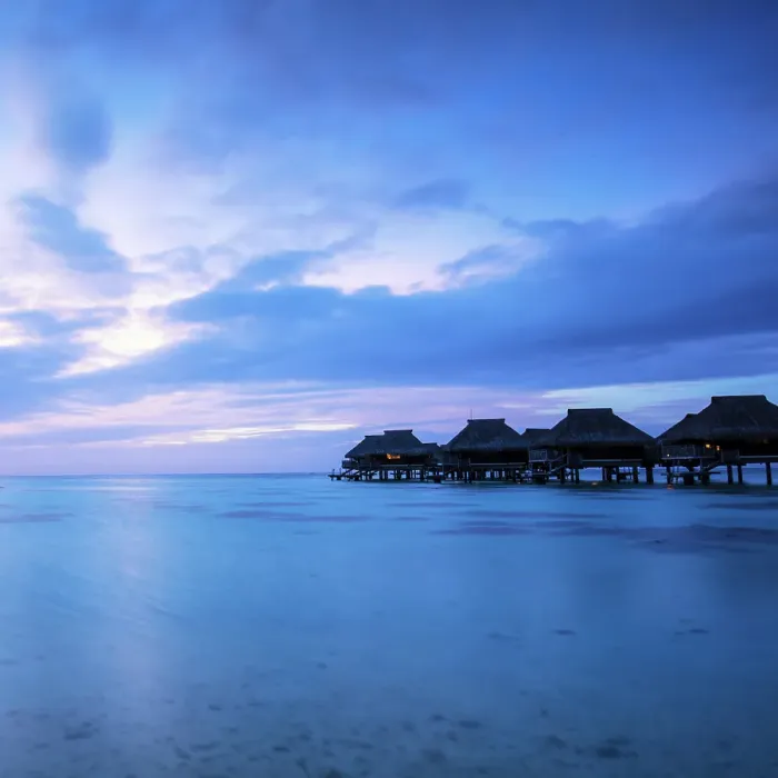 Framed Print : Stiled hotel suites at twilight, Mo'orea, Society Islands, Pacific Ocean, French Polynesia Framed Print : Stiled hotel suites at twilight, Mo'orea, Society Islands, Pacific Ocean, French Polynesia