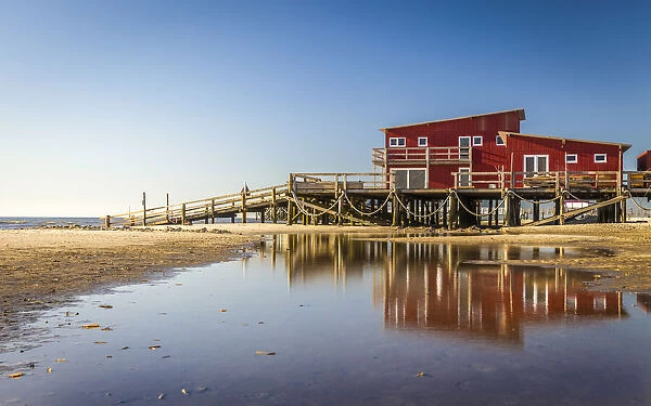 Stilt house on the beach in St. Peter-Ording, North Friesland, Schleswig-Holstein