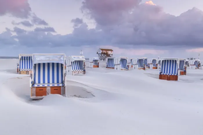 Framed Print : Stilt house and hooded beach chairs at beach, Sankt Peter-Ording, North Sea, North Frisia Framed Print : Stilt house and hooded beach chairs at beach, Sankt Peter-Ording, North Sea, North Frisia