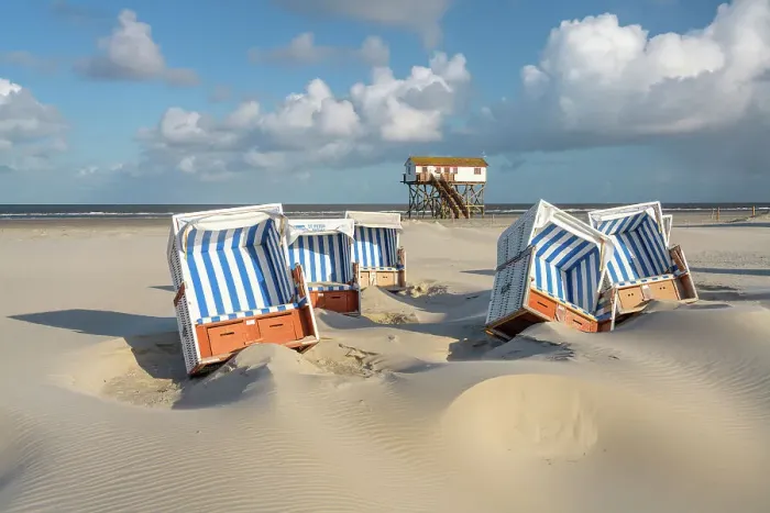 Framed Print : Stilt house and hooded beach chairs at beach, Sankt Peter-Ording, North Sea, North Frisia, NP Wadden Sea, Schleswig-Holstein, Germany, Europe Framed Print : Stilt house and hooded beach chairs at beach, Sankt Peter-Ording, North Sea, North Frisia, NP Wadden Sea, Schleswig-Holstein, Germany, Europe