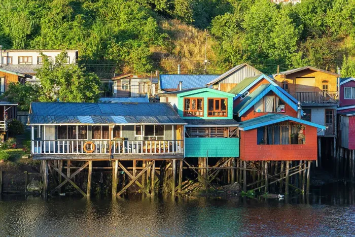 Framed Print : Stilt houses called Palafitos on Pedro Montt at sunrise, Castro, Chiloe Island, Chiloe Province, Los Lagos Region, Chile Framed Print : Stilt houses called Palafitos on Pedro Montt at sunrise, Castro, Chiloe Island, Chiloe Province, Los Lagos Region, Chile