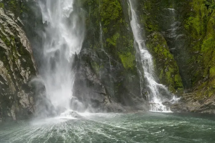 Framed Print : Stirling Falls reaching the sea in Milford Sound. Fiordland NP, Southland district Framed Print : Stirling Falls reaching the sea in Milford Sound. Fiordland NP, Southland district