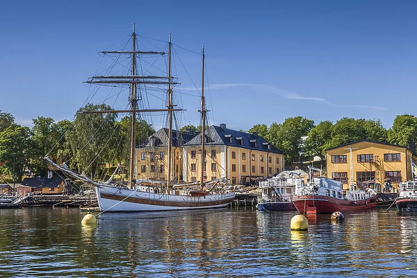 Stockholm harbor with historic sailing ship, Sweden