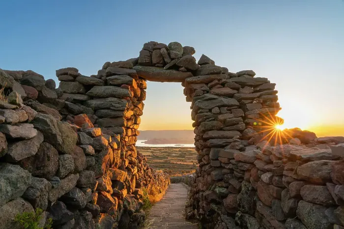 Framed Print : Stone arch on Amantani Island at sunset, Lake Titicaca, Puno Province, Puno Region, Peru