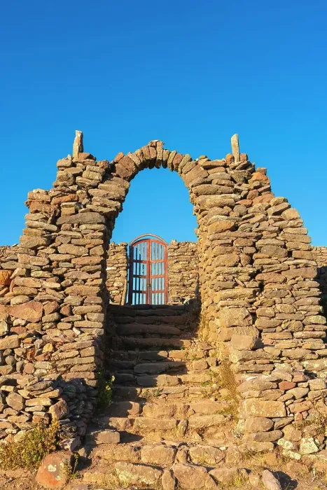 Framed Print : Stone arch on top of Pachatata ceremonial center, Amantani Island, Lake Titicaca, Puno Province, Puno Region, Peru