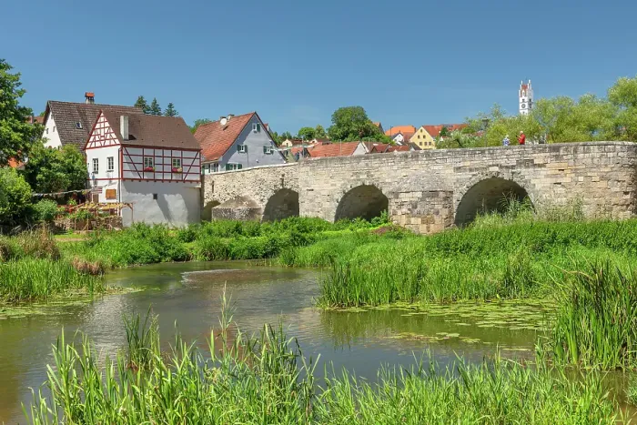 Framed Print : Stone Bridge and Bruckmühle Mill on Wörnitz River, Harburg, Romantic Road, Swabia, Bavaria; Germany Framed Print : Stone Bridge and Bruckmühle Mill on Wörnitz River, Harburg, Romantic Road, Swabia, Bavaria; Germany