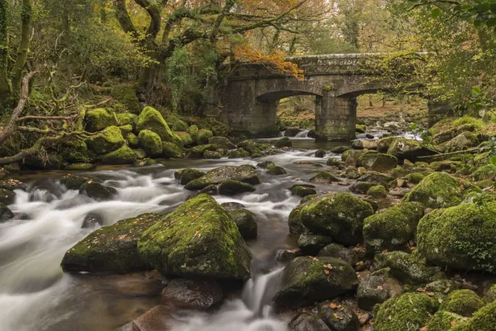 Framed Print : Stone bridge spanning the River Plym in Dartmoor National Park, Devon, England. Autumn