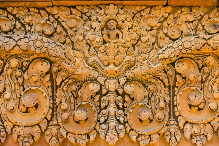 Framed Print : Stone carvings at Prasat Banteay Srei temple ruins, UNESCO World Heritage Site, Siem Framed Print : Stone carvings at Prasat Banteay Srei temple ruins, UNESCO World Heritage Site, Siem