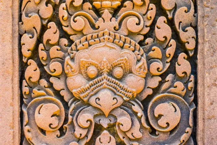 Framed Print : Stone carvings at Prasat Banteay Srei temple ruins, UNESCO World Heritage Site, Siem Framed Print : Stone carvings at Prasat Banteay Srei temple ruins, UNESCO World Heritage Site, Siem