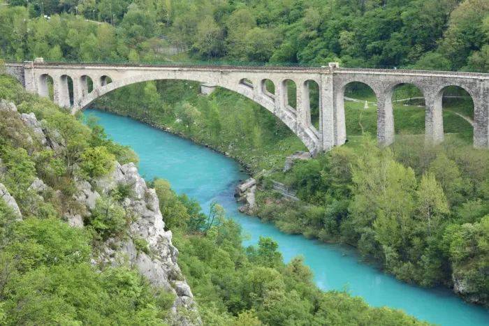Framed Print : Stone railway bridge over the River Soca near Solkan, Slovenia