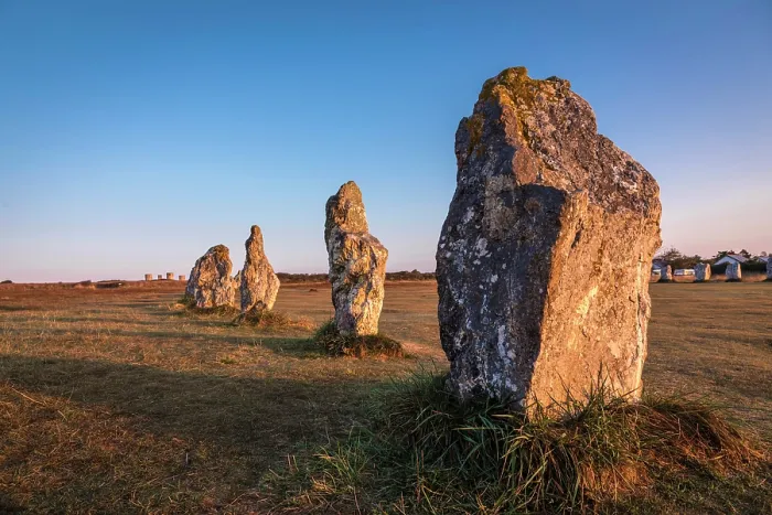 Framed Print : Stone rows of Lagatjar at sunrise, near Camaret-sur-Mer, Finistere, Brittany, France
