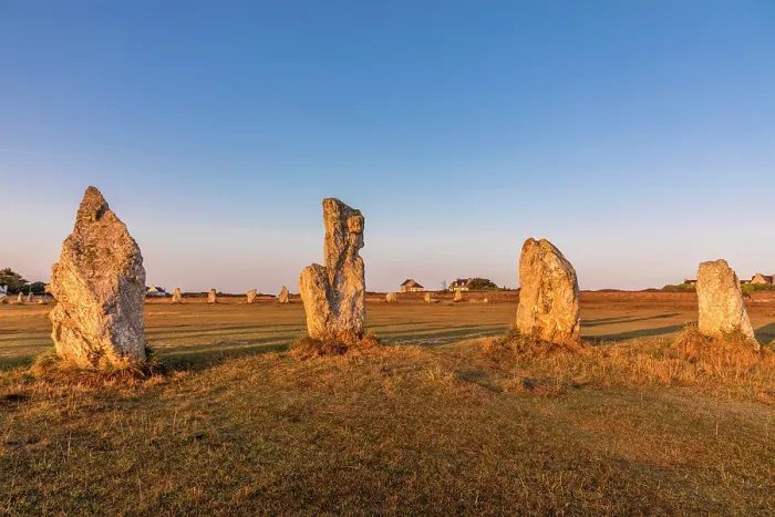 Framed Print : Stone rows of Lagatjar at sunrise, near Camaret-sur-Mer, Finistere, Brittany, France