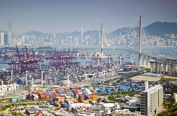 Stonecutters Bridge & container port with Hong Kong Island in background, Hong Kong