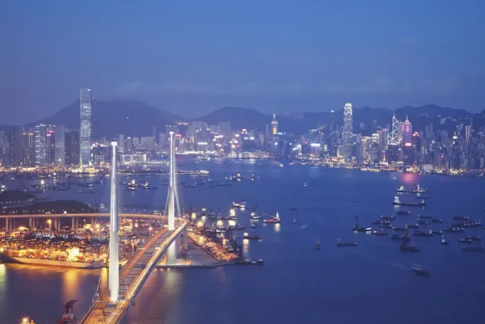 Framed Print : Stonecutters Bridge, Victoria Harbour and Hong Kong Island at dusk, Hong Kong, China Framed Print : Stonecutters Bridge, Victoria Harbour and Hong Kong Island at dusk, Hong Kong, China