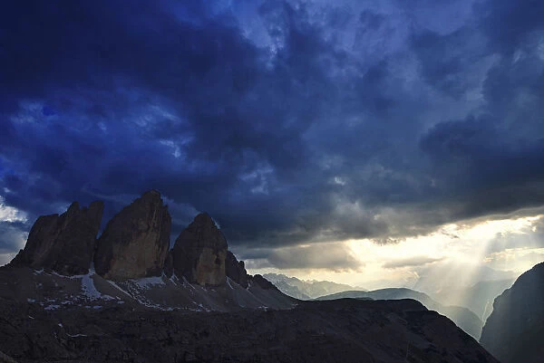 Storm clouds over the Three Peaks, Sexten Dolomites, Alta Pusteria, South Tyrol, Italy